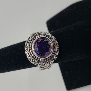 Premier Designs Amy silver tone ornate size 5 purple round stone
